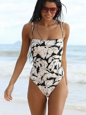 NWT!  Peony x Free People  Strapless Black Ivory Floral One-Piece Swimsuit ~ M